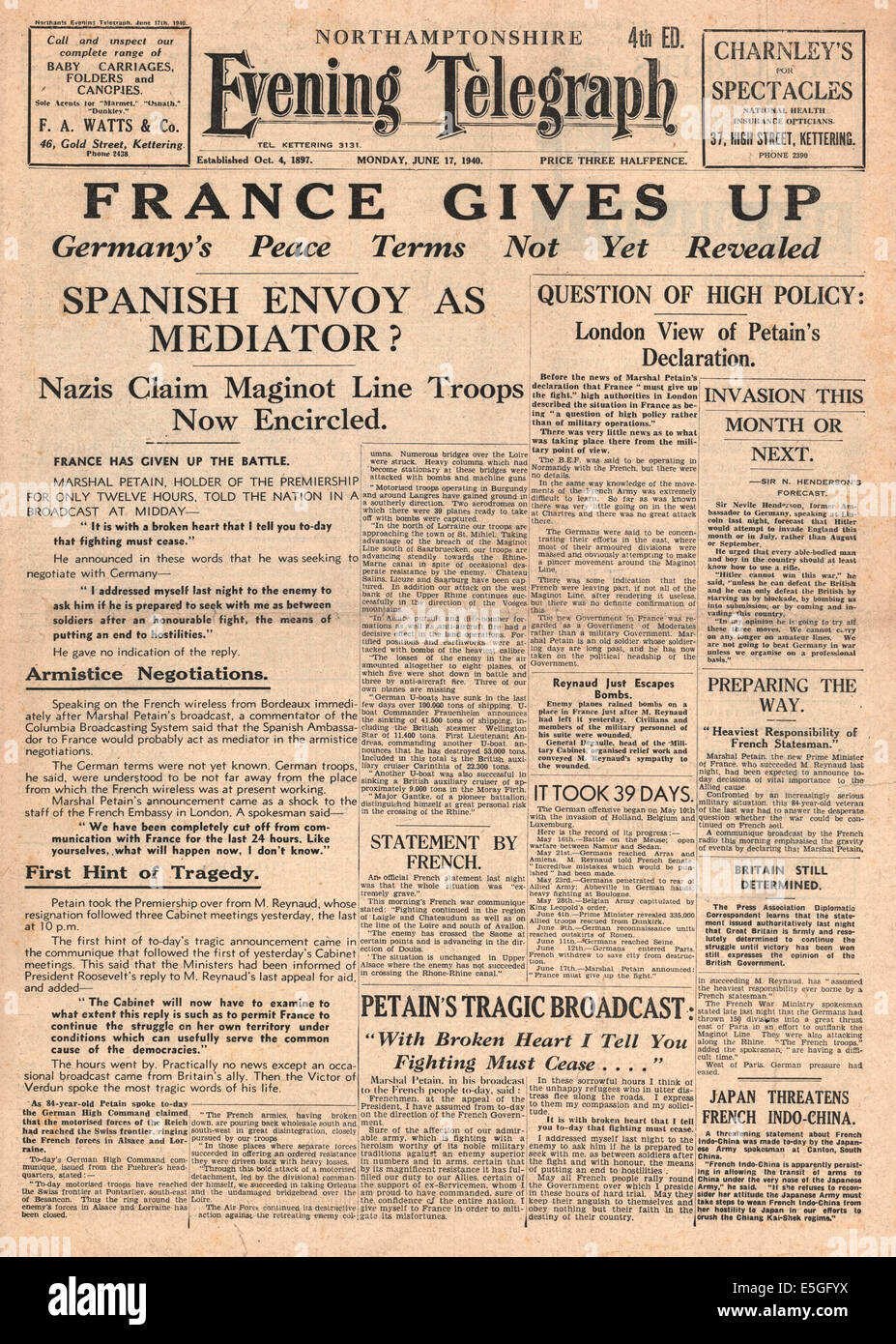 1940-Front kapituliert Seite Berichterstattung Frankreich nach Deutschland Stockfoto