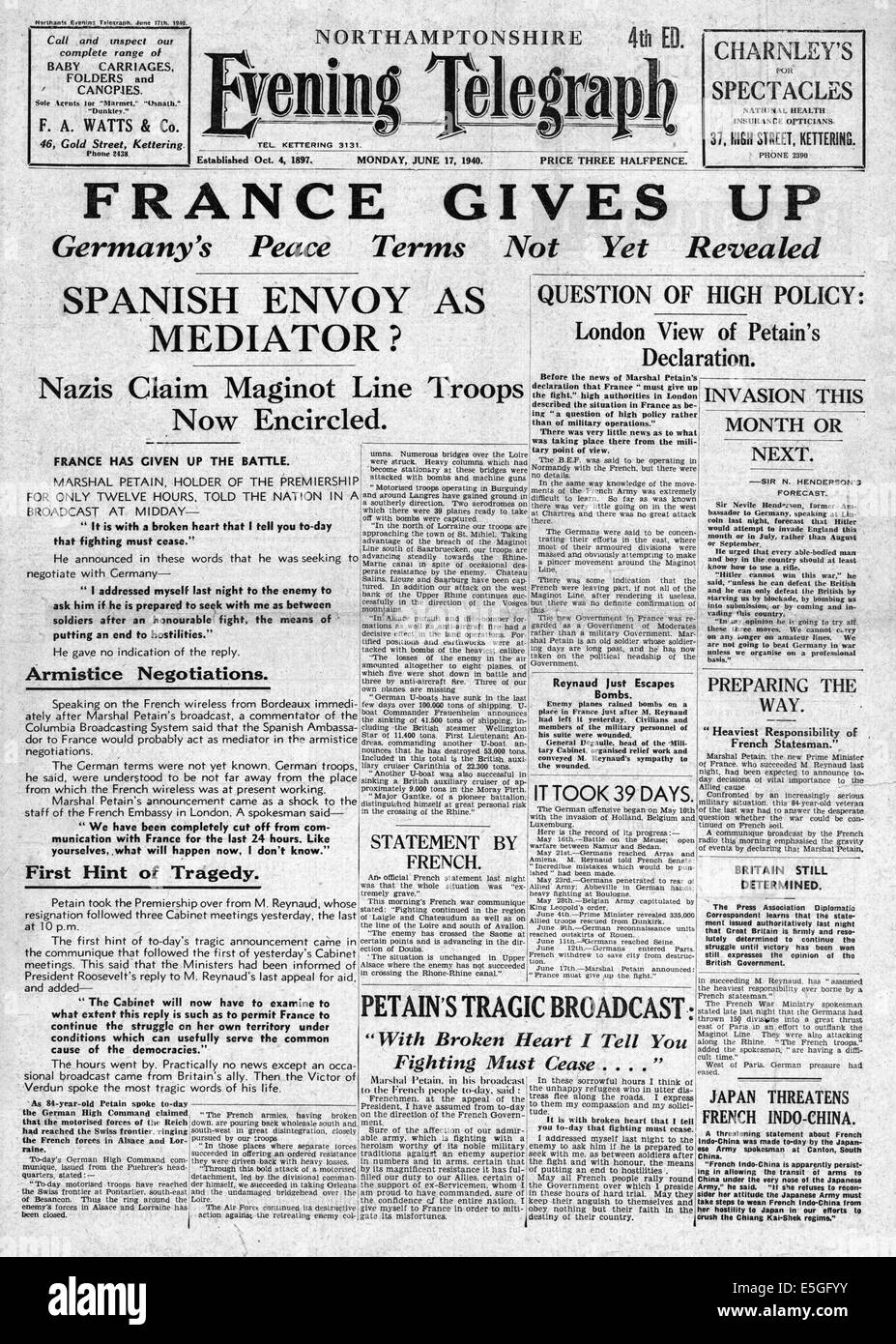 1940-Front kapituliert Seite Berichterstattung Frankreich nach Deutschland Stockfoto