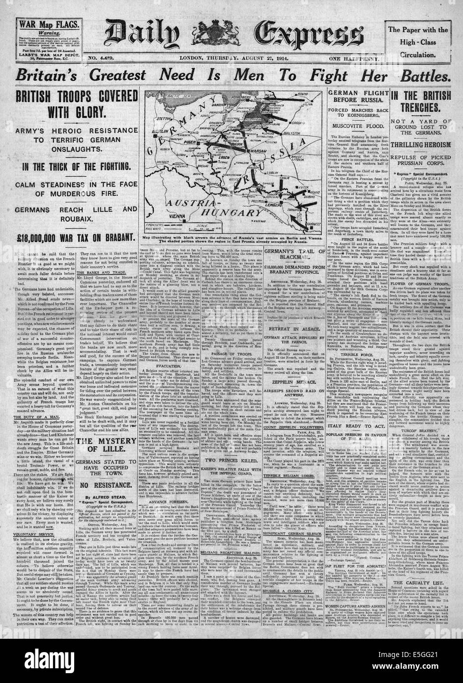 1914 daily Express patriotische front-Seite berichten britische Truppen Erfolg und Ruhm auf der Westfront Stockfoto
