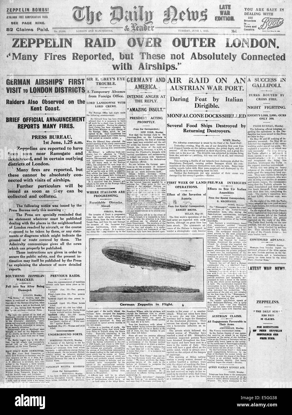 1915 daily News Startseite Berichterstattung Zeppelin Bombardierung Überfälle auf London Stockfoto