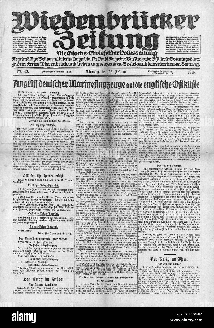 Wiedenbrucke Zeitung (Deutschland) Titelseite Berichterstattung der deutschen Marine Zeppelin Überfälle über Englands Ostküste Stockfoto