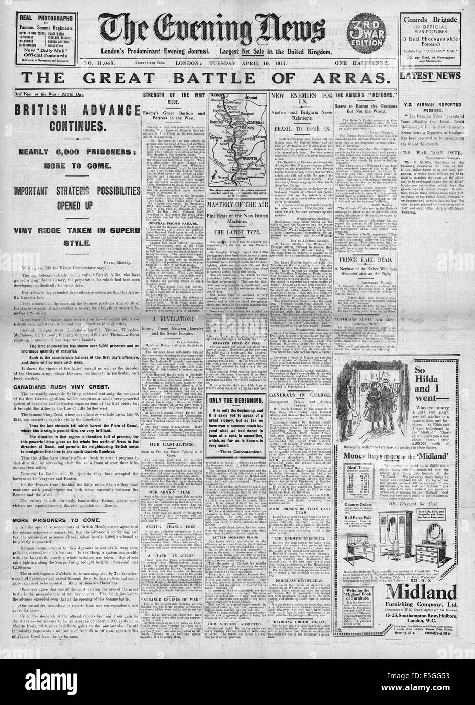 1917-Abend-Nachrichten (London) Titelseite Berichterstattung Schlacht von Arras Stockfoto