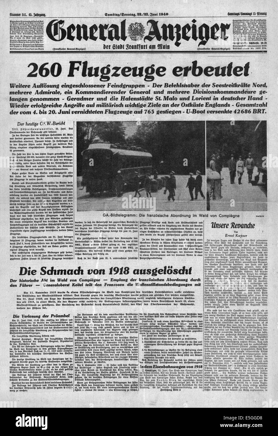 1940 General-Anzeiger (Deutschland) Front Seite Berichterstattung französischen Unterzeichnung des Übergabe in Anwesenheit von Adolf Hitler in Eisenbahnwagen in Compiègne. Schlagzeilen zu lesen "260 Flugzeuge erfasst" und "die Schmach von 1918 ist Extiguished/ausgelöscht" Stockfoto