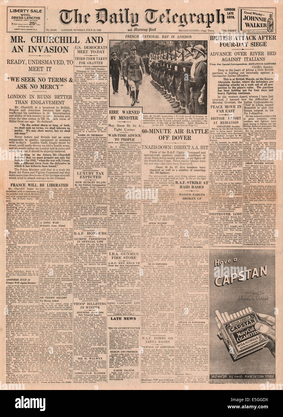 1940 daily Telegraph Titelseite Berichterstattung Winston Churchill Radio Sendung auf mögliche invasion Stockfoto
