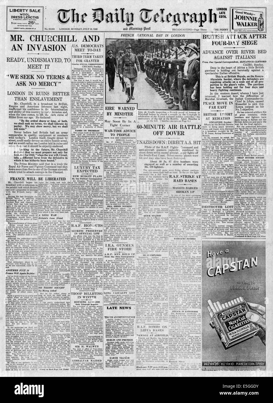 1940 daily Telegraph Titelseite Berichterstattung Winston Churchill Radio Sendung auf mögliche invasion Stockfoto