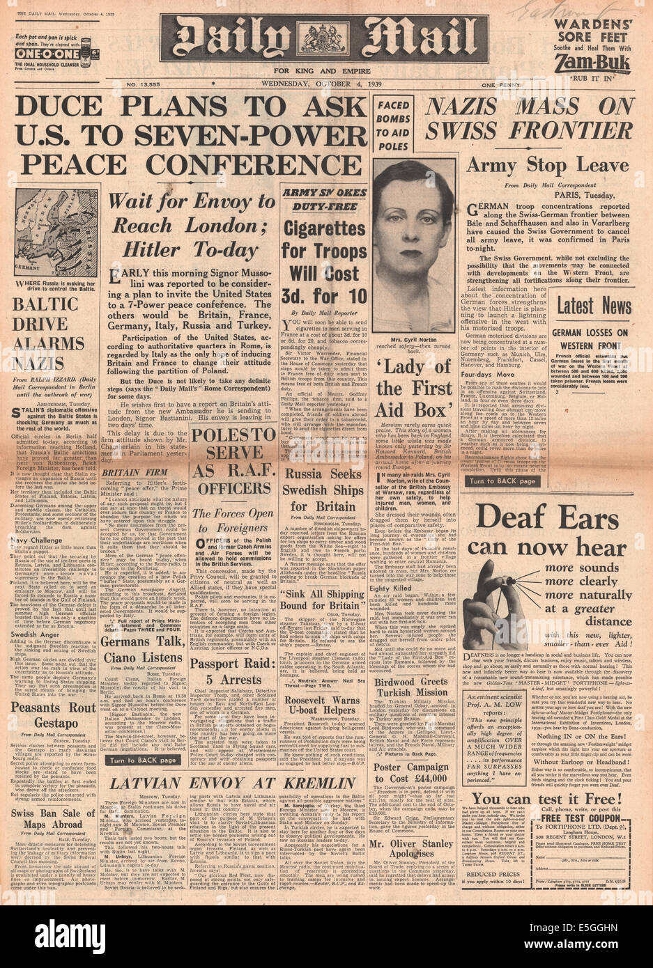 1939 Tagespost Titelseite berichtet Mussolini fordert sieben macht Friedenskonferenz Stockfoto
