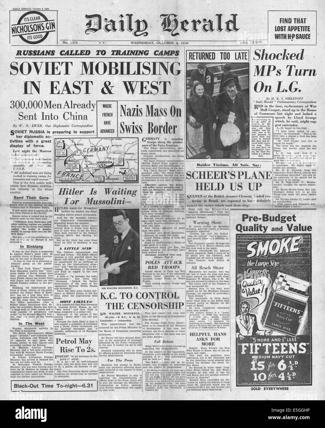 1939 daily Herald Titelseite Berichterstattung Mobilisierung der sowjetischen Streitkräfte in Osteuropa und entlang der chinesischen Grenze Stockfoto