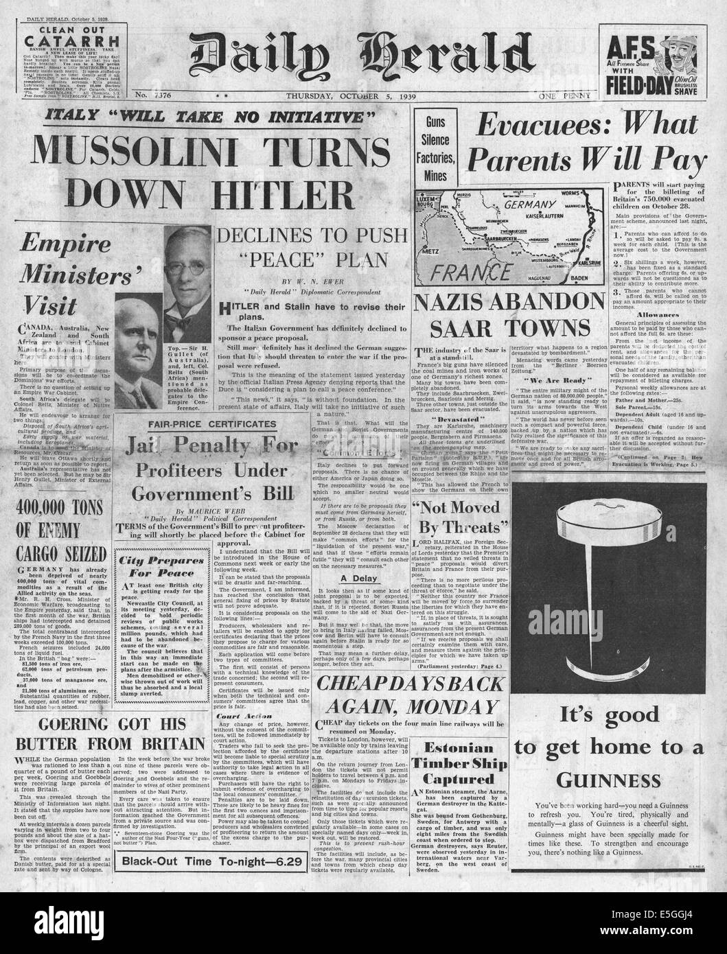 1939 daily Herald Titelseite berichtet Mussolini Ablehnung der Nazi-Sowjet Friedensvorschläge sponsor Stockfoto