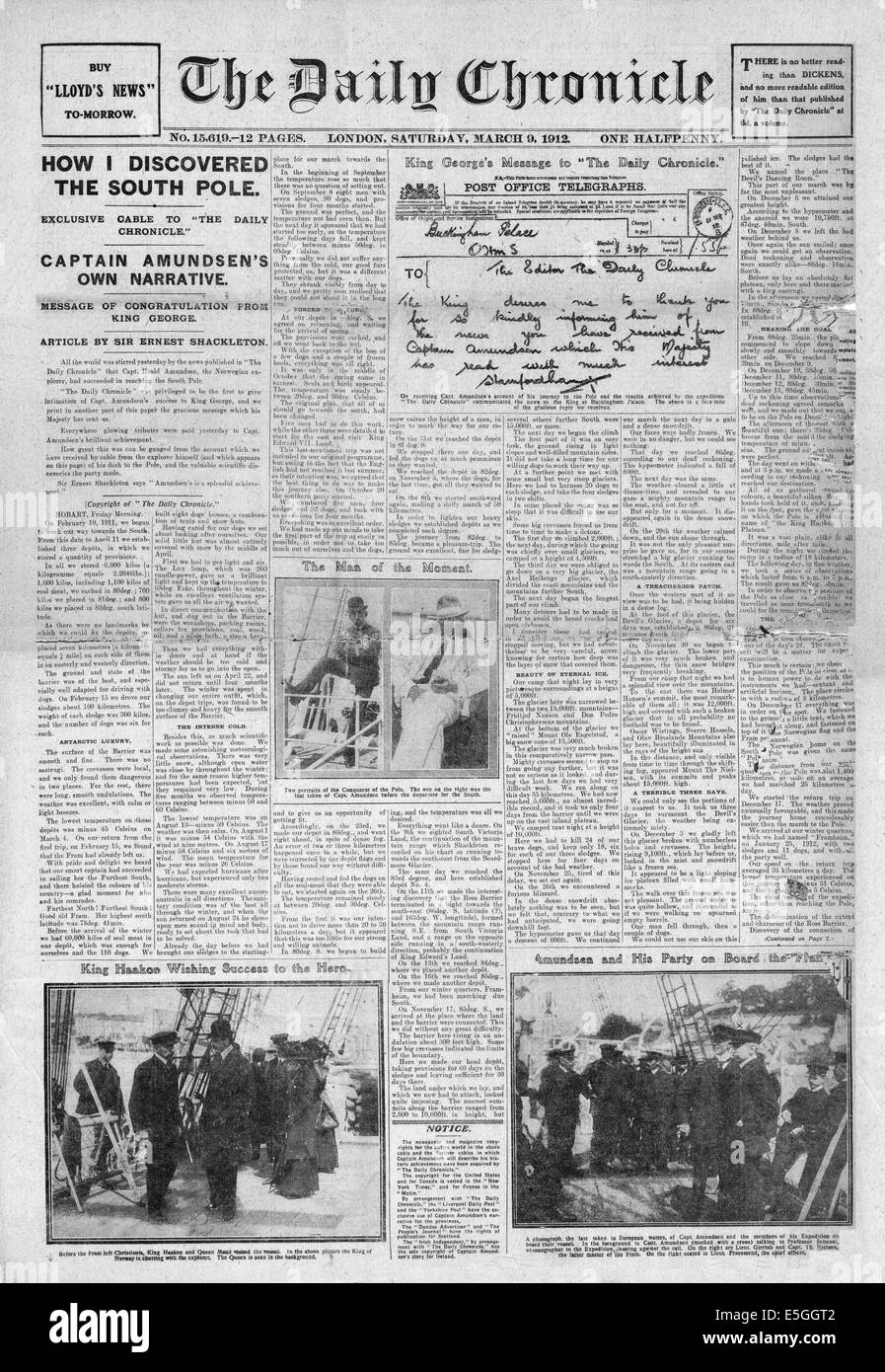 Tägliche Chronik 1912 volle Titelseite berichtet, dass Captain Amudsen Südpol entdeckt Stockfoto