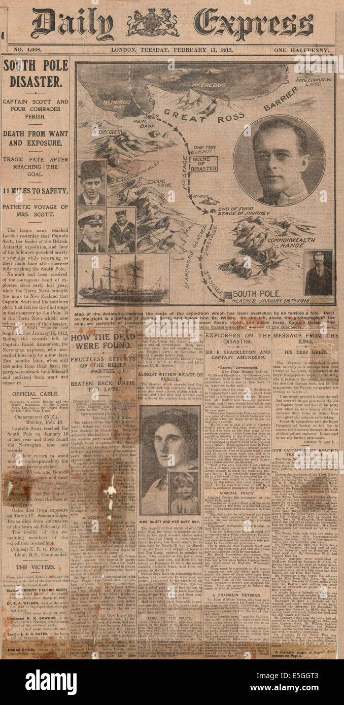 1913 daily Express Titelseite berichtet den Tod von Captain Scott und Kameraden in der Antarktis Stockfoto