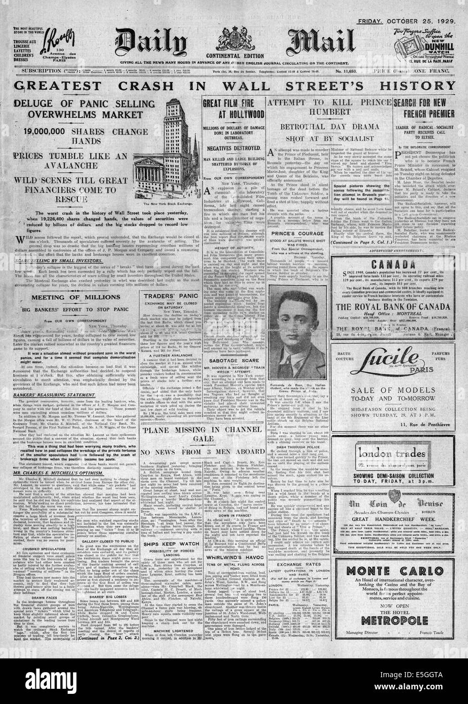 1929 Tagespost Titelseite berichtet das Wall Street Crash Stockfoto