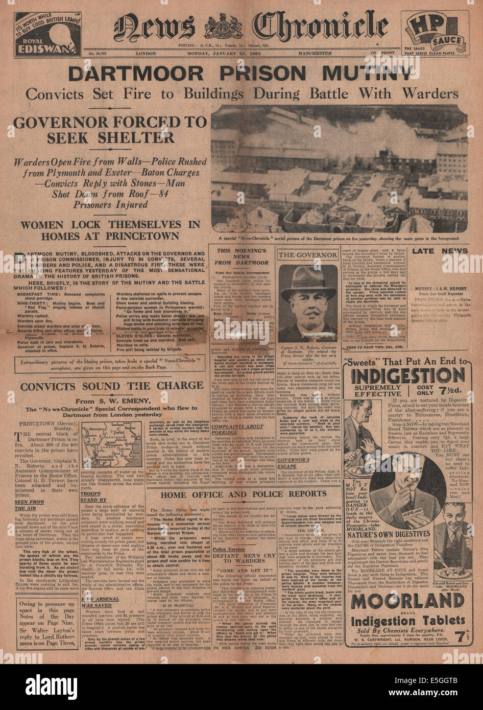 1932 News Chronicle Titelseite Berichterstattung der Dartmoor Gefängnis Meuterei Stockfoto