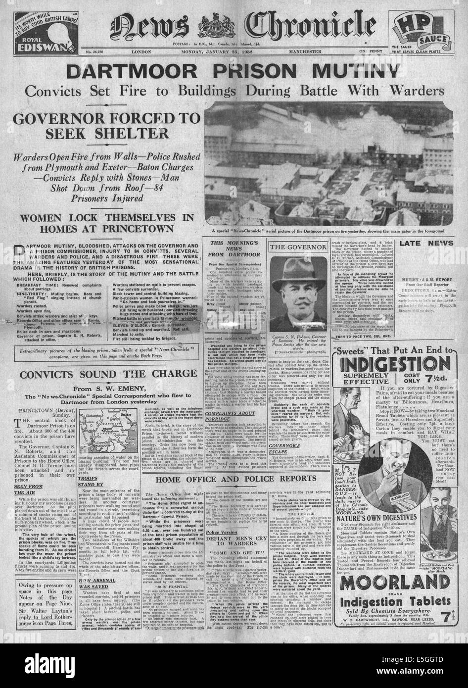 1932 News Chronicle Titelseite Berichterstattung der Dartmoor Gefängnis Meuterei Stockfoto