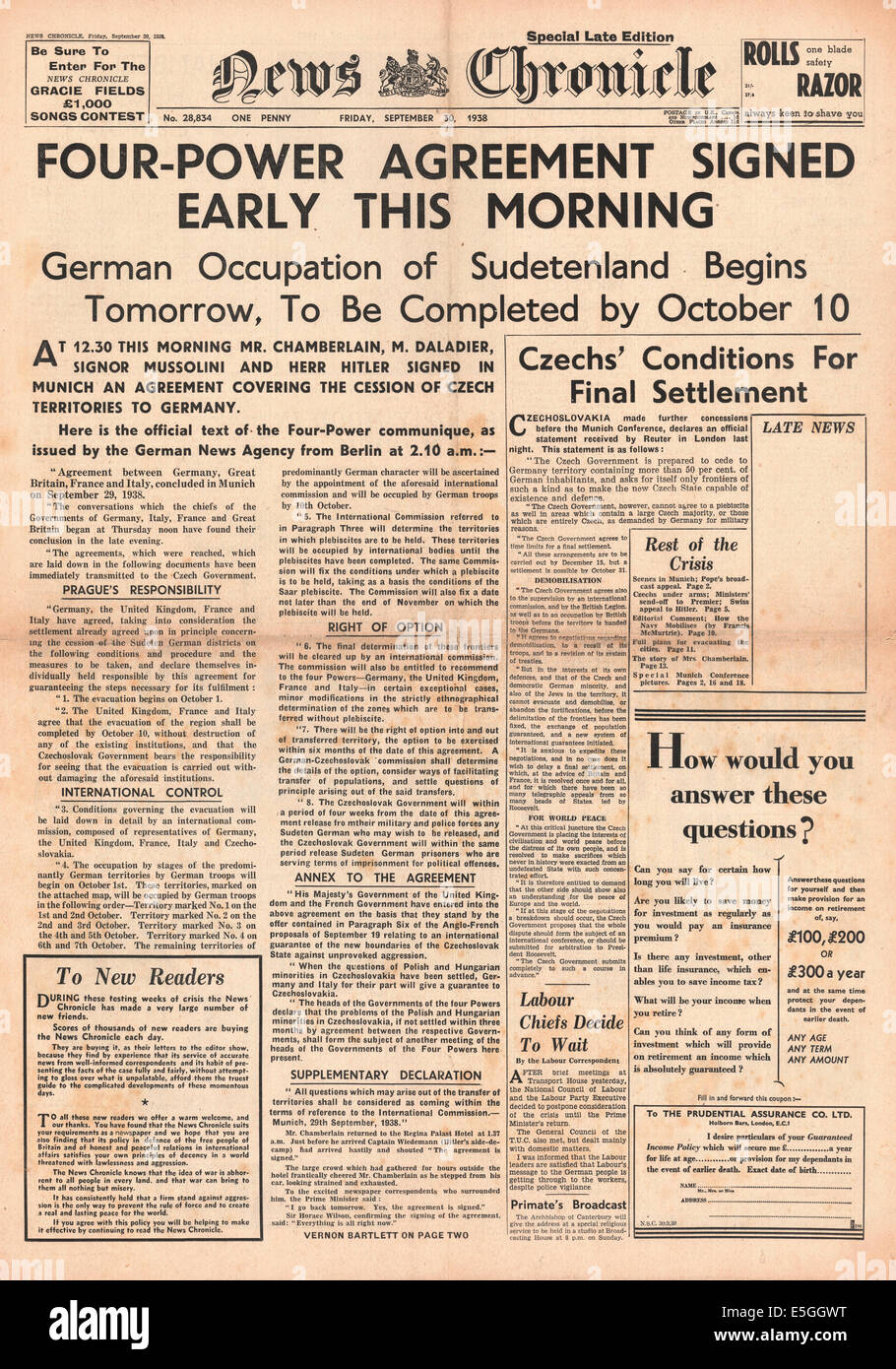 1938 News Chronicle Titelseite Berichterstattung der Unterzeichnung des Friedensabkommens München Stockfoto