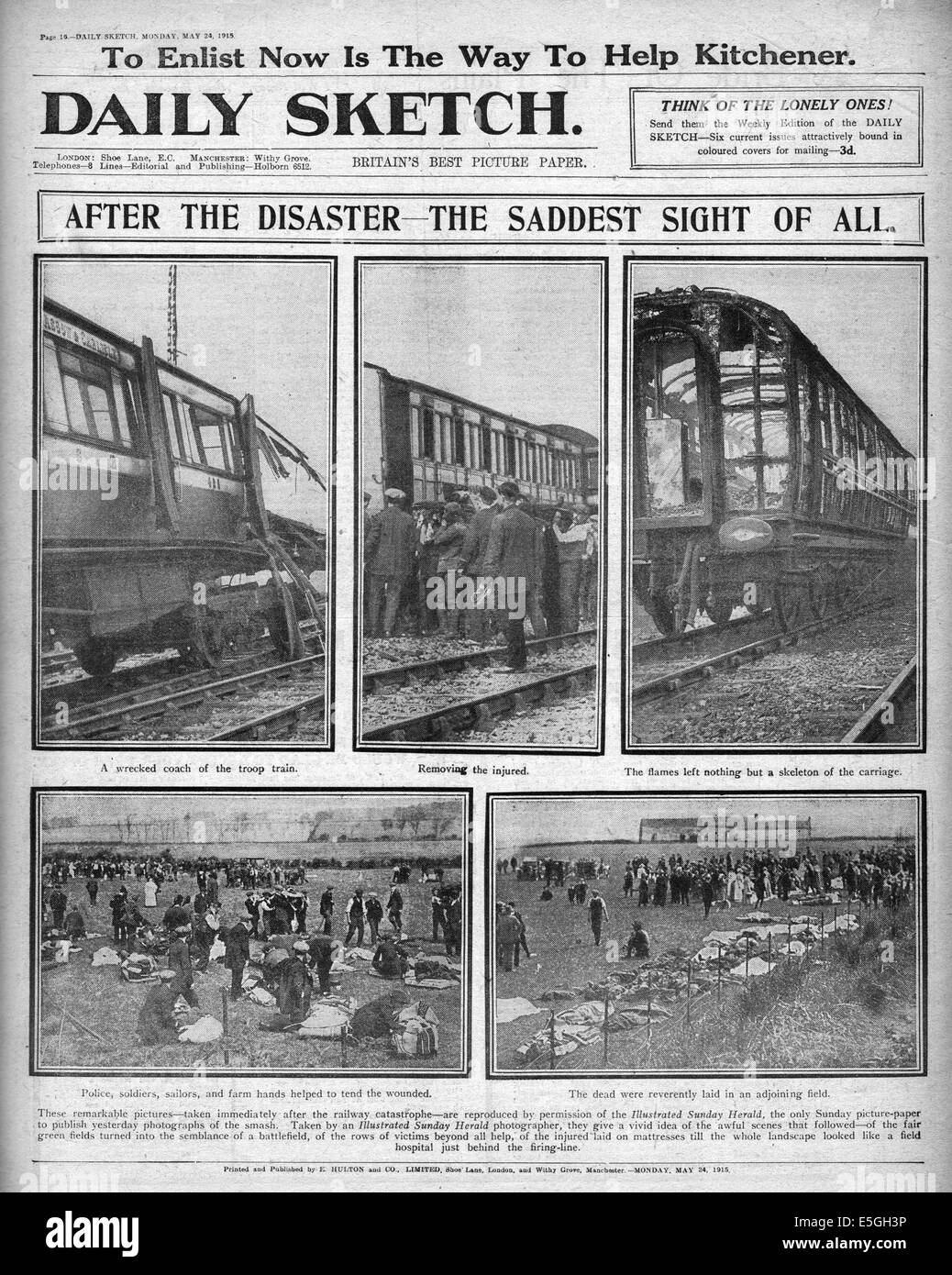 1915 daily Sketch zurück Seite Berichterstattung Quintinshill Zugunglück schlimmste in der britischen Geschichte Stockfoto