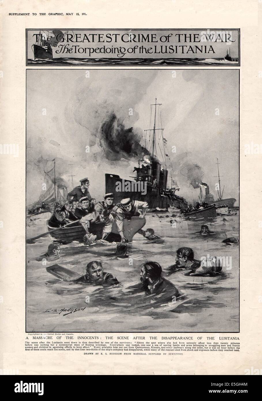 1915 die grafische Ergänzung Front Seite Berichterstattung Untergang der Lusitania Stockfoto