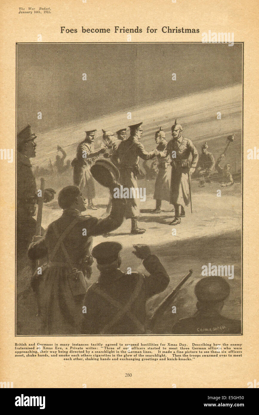 1915 der Krieg Haushaltsbereich Seite Berichterstattung Christmas Truce-Abbildung Stockfoto