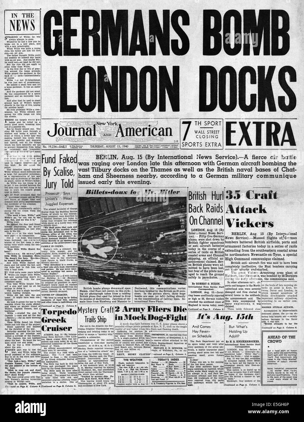 1940 New York Journal-American Titelseite Berichterstattung Luftwaffe Bombardierung Überfall auf London Stockfoto