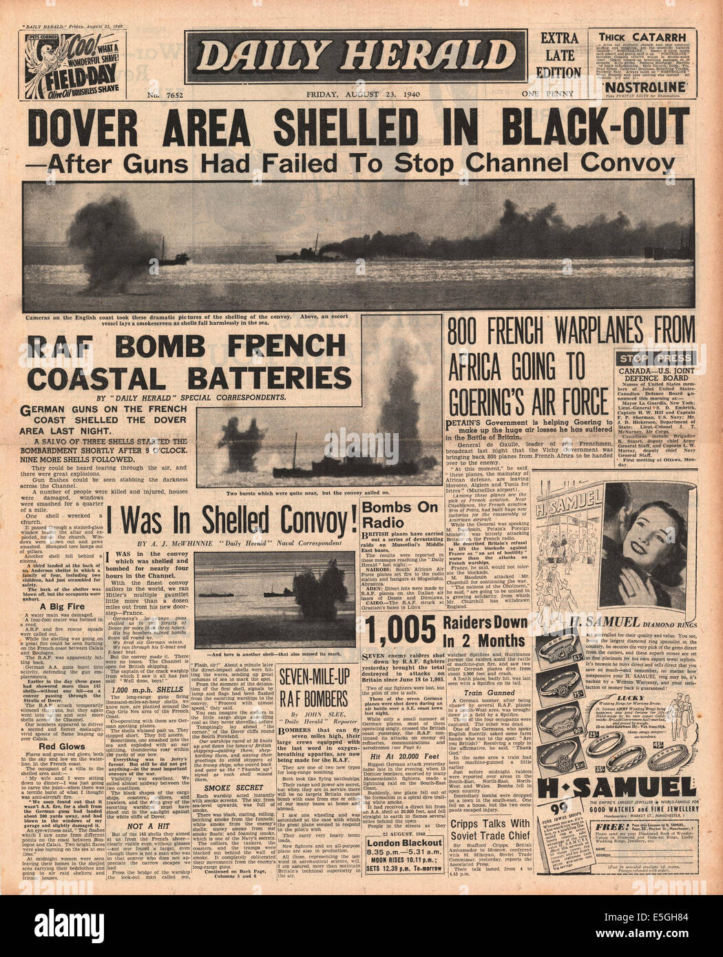 1940-daily Herald Titelseite Berichterstattung deutsche Geschütze an der französischen Küste Shell Dover, Kent Stockfoto