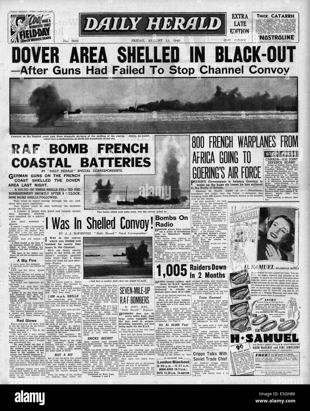 1940-daily Herald Titelseite Berichterstattung deutsche Geschütze an der französischen Küste Shell Dover, Kent Stockfoto