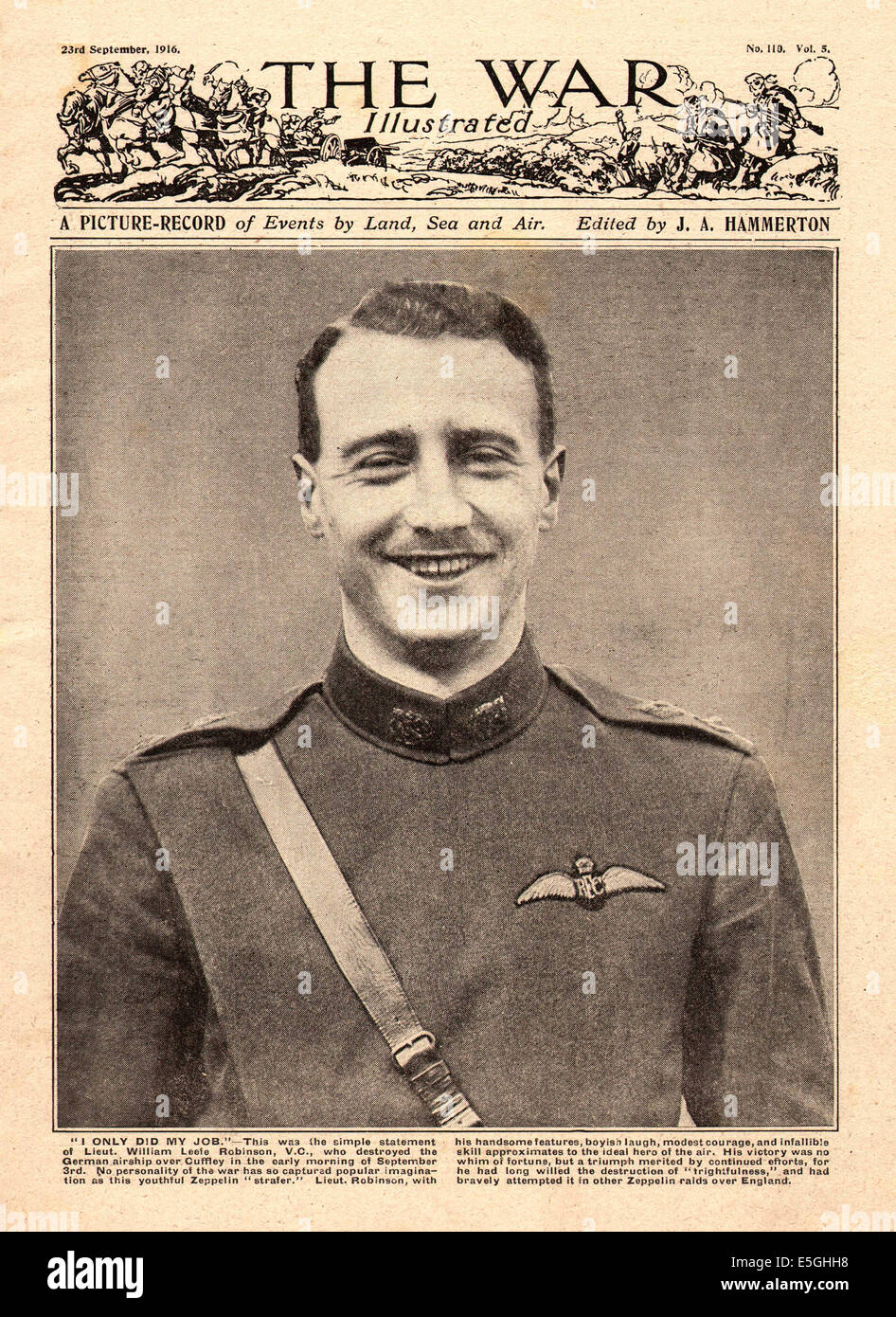 1916 die Krieg Illustrated Titelseite berichtet William Leefe Robinson VC Zeppelin abgeschossen am Cuffley Stockfoto