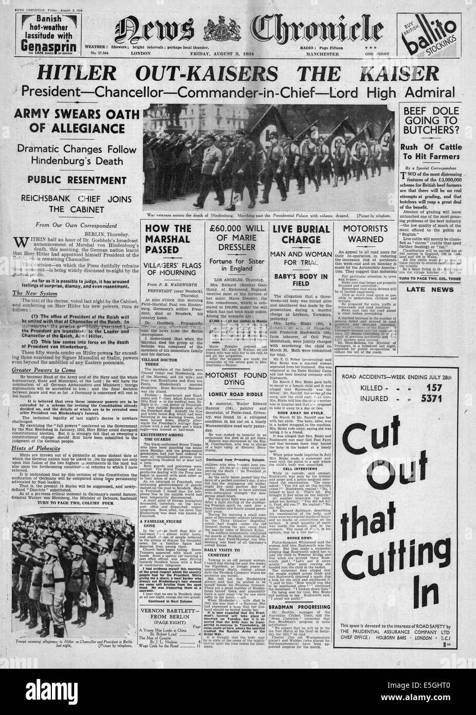 1934 News Chronicle Adolf Hitler wird Reichskanzler Stockfoto