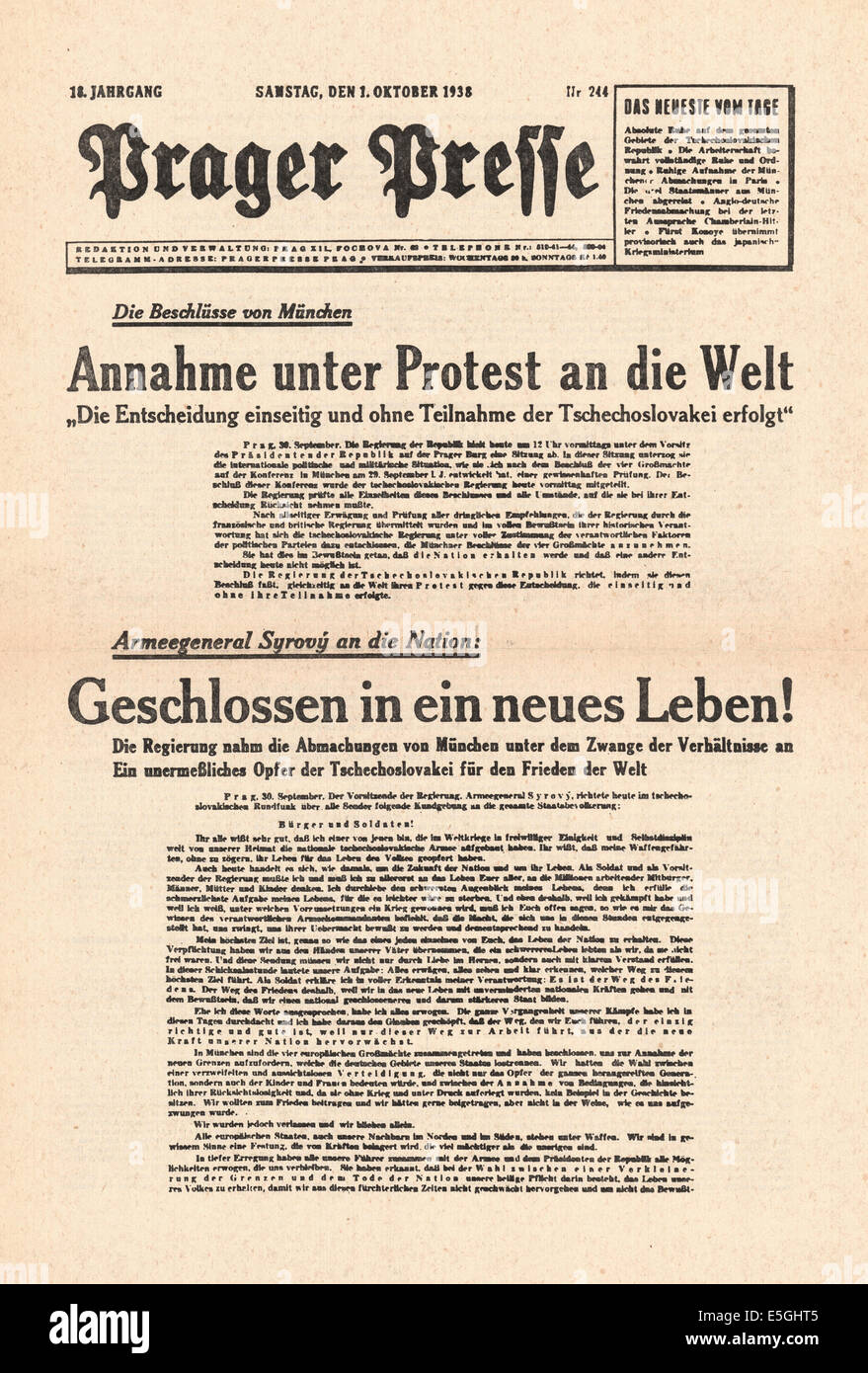 1938 Prager Presse (Tschechoslowakei) Titelseite Berichterstattung der Unterzeichnung des Friedensabkommens München Stockfoto