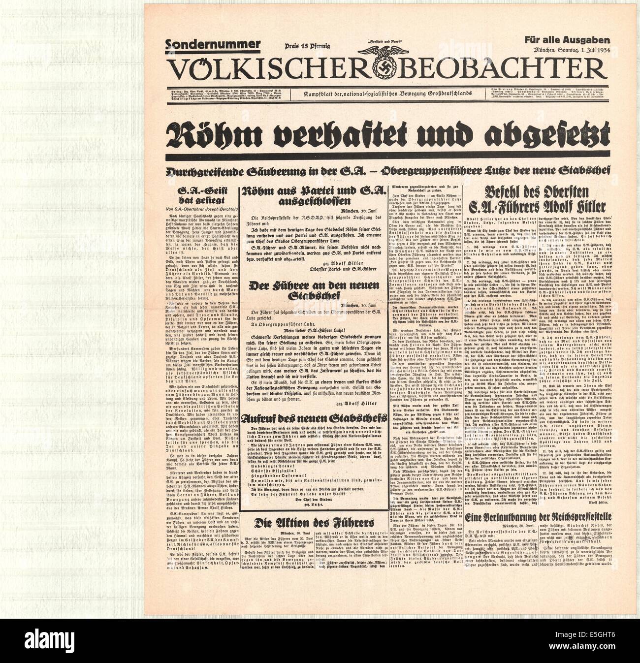 1938 Völkischer Beobachter (Deutschland) Titelseite Berichterstattung S.A. Führer Ernst Röhm verhaftet und entlassen Stockfoto