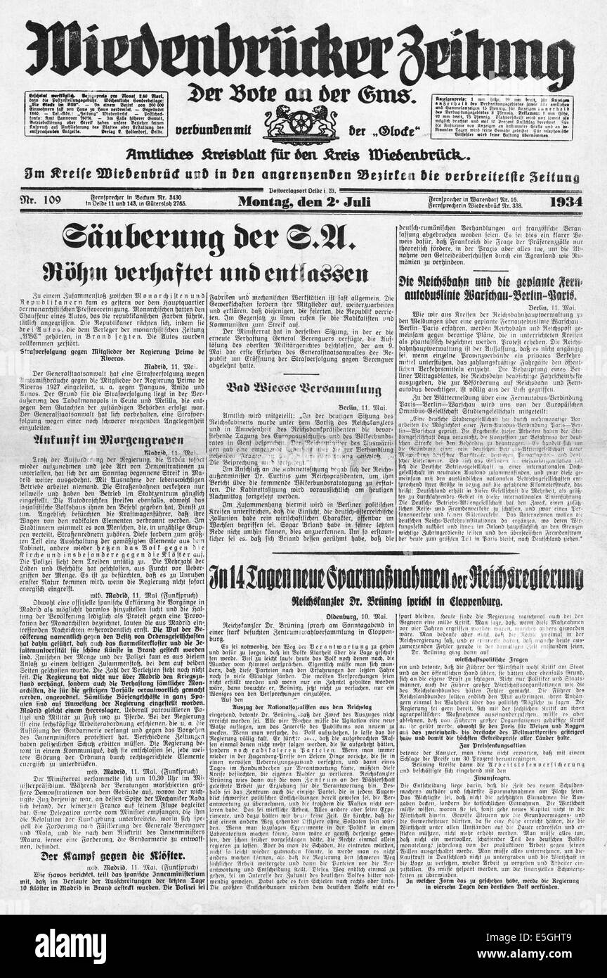 1938 Wiedenbrucke Zeitung (Deutschland) Titelseite Berichterstattung S.A. Führer Ernst Röhm verhaftet und entlassen Stockfoto