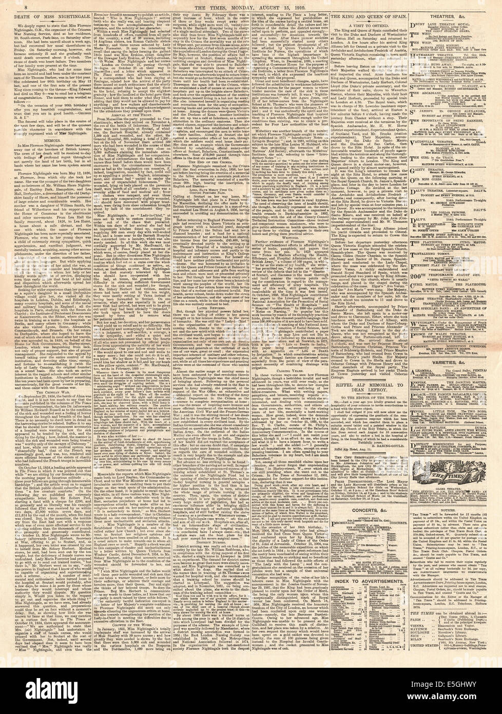 1910 der Times Seite 8 berichtet den Tod von Florence Nightingale Stockfoto