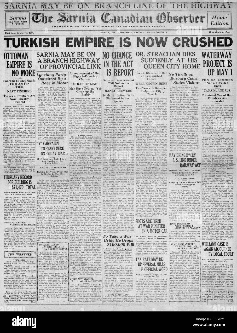 1920 Sarnia kanadische Beobachter Titelseite Berichterstattung über den türkischen Unabhängigkeitskrieg und das Ende des türkisch/osmanischen Reiches Stockfoto