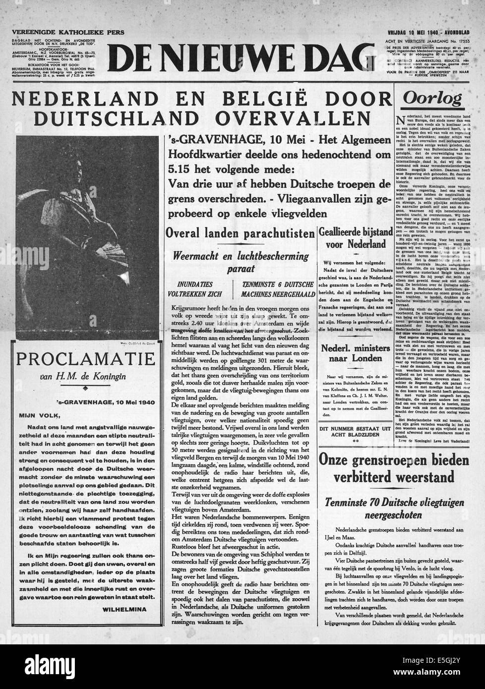 1940 de Nieuwe Dag (Holland Titelseite Berichterstattung der deutschen Invasion von Holland und Belgien Stockfoto