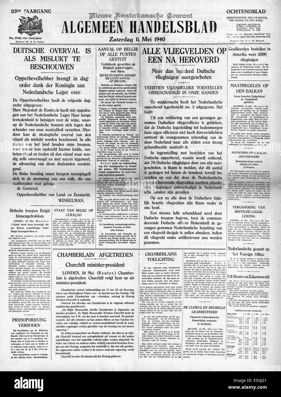 1940 Algemeen Handelsblad (Holland) Front Seite berichtenden deutschen Einmarsch in Holland, Belgien und Luxemburg Stockfoto