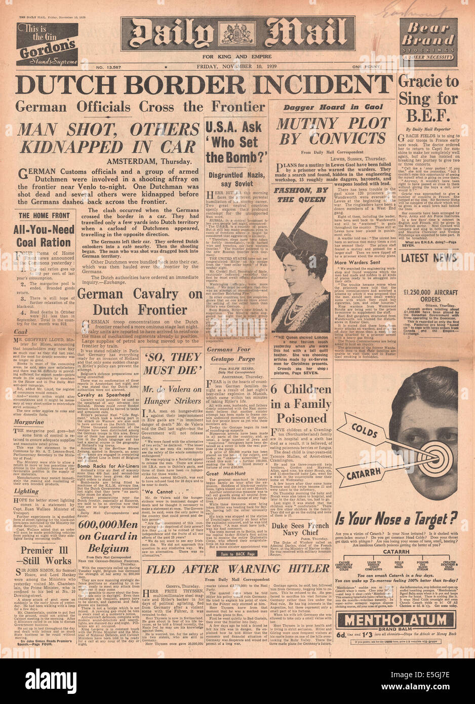 1939 daily Mail Startseite Meldung Shooting Vorfalls auf deutsch niederländischen Grenze Stockfoto 1939 daily Mail Startseite Meldung Shooting Vorfalls auf deutsch niederländischen Grenze Stockfoto
