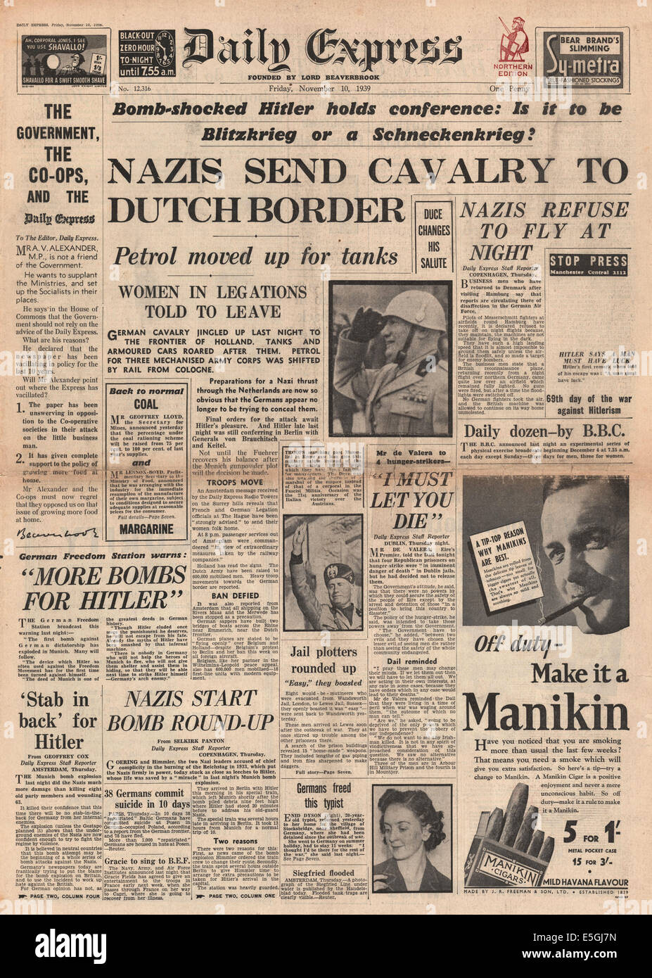 1939 daily Express Titelseite Berichterstattung deutscher Kalvarienberg an der niederländischen Grenze Stockfoto