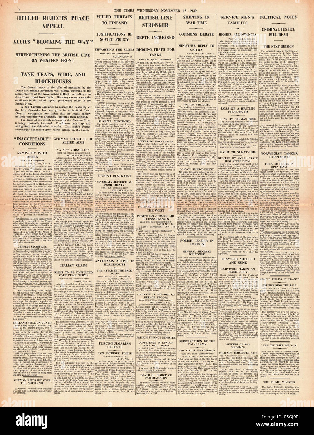 1939 die Times Seite 8 Berichterstattung Adolf Hitler lehnt Niederländisch und Belgien Friedensangebot Stockfoto
