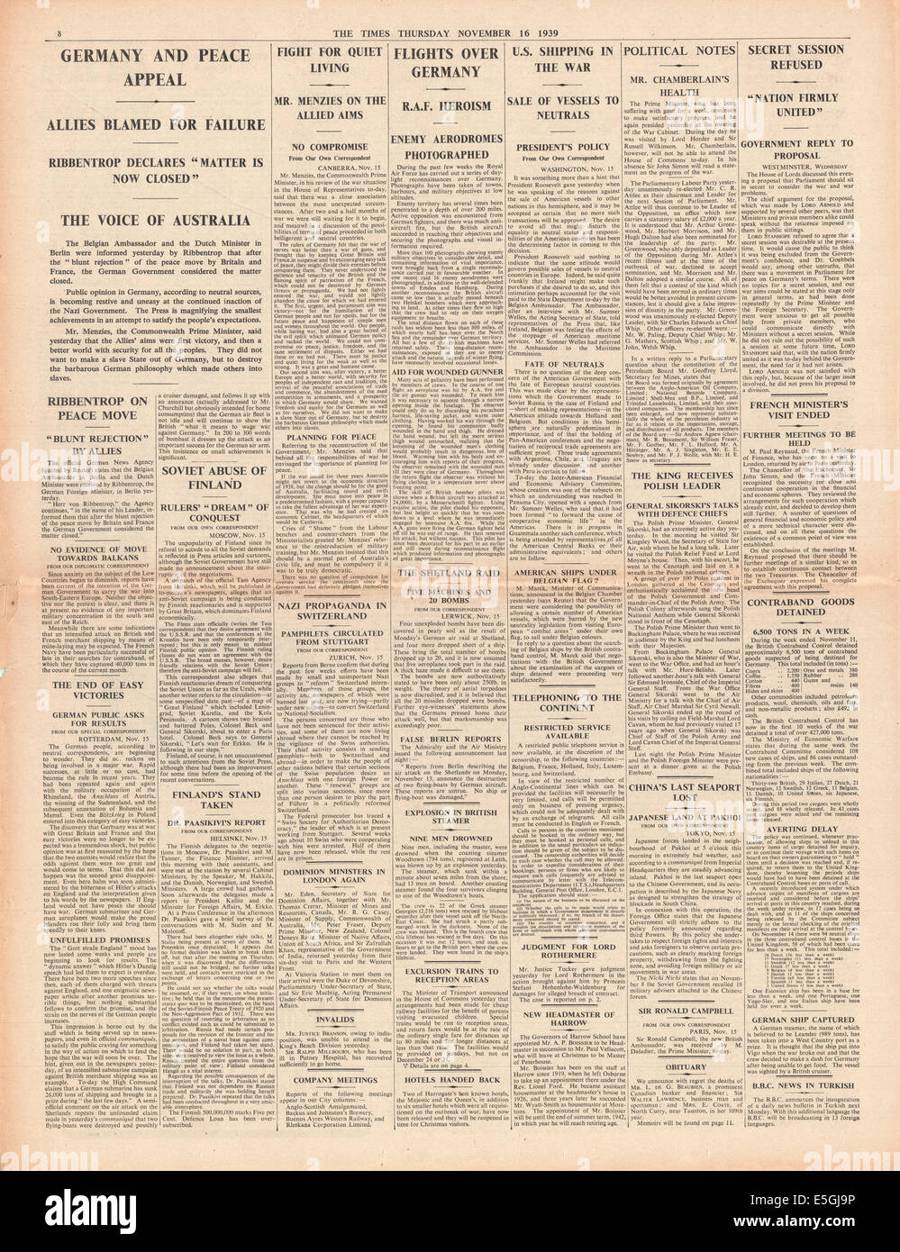 1939 die Times Seite 8 Berichterstattung Deutschland lehnt Niederländisch und Belgien Friedensangebot Stockfoto