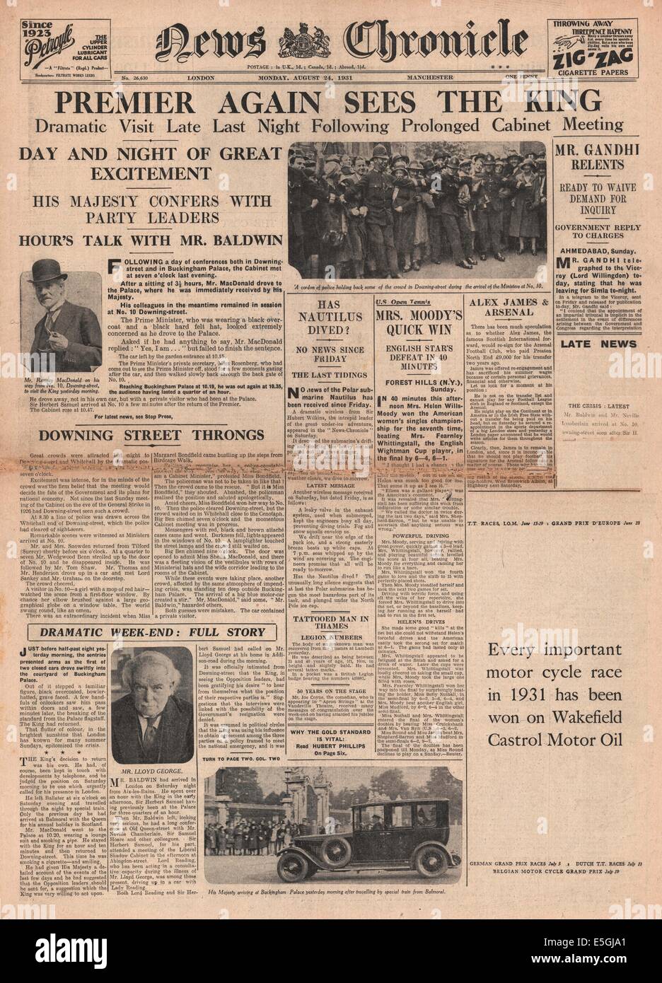 1931-Abend-Nachrichten (London) Titelseite Berichterstattung den Rücktritt von britische sozialistische Regierung Stockfoto