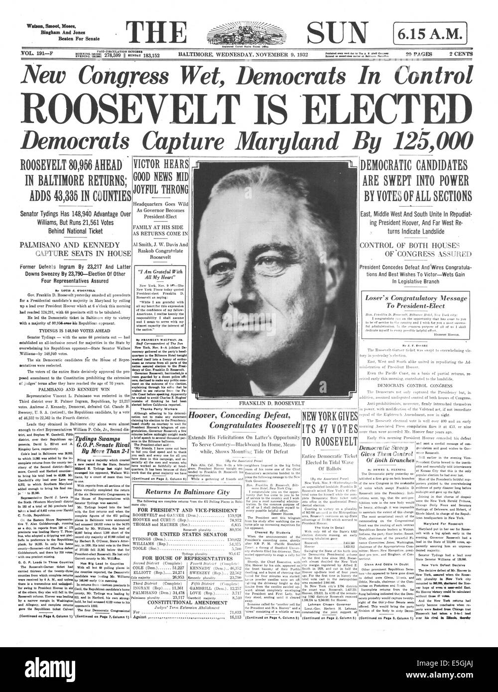 1932 die Sonne (Baltimore) Titelseite Berichterstattung Roosevelt zum Präsidenten gewählt. Stockfoto