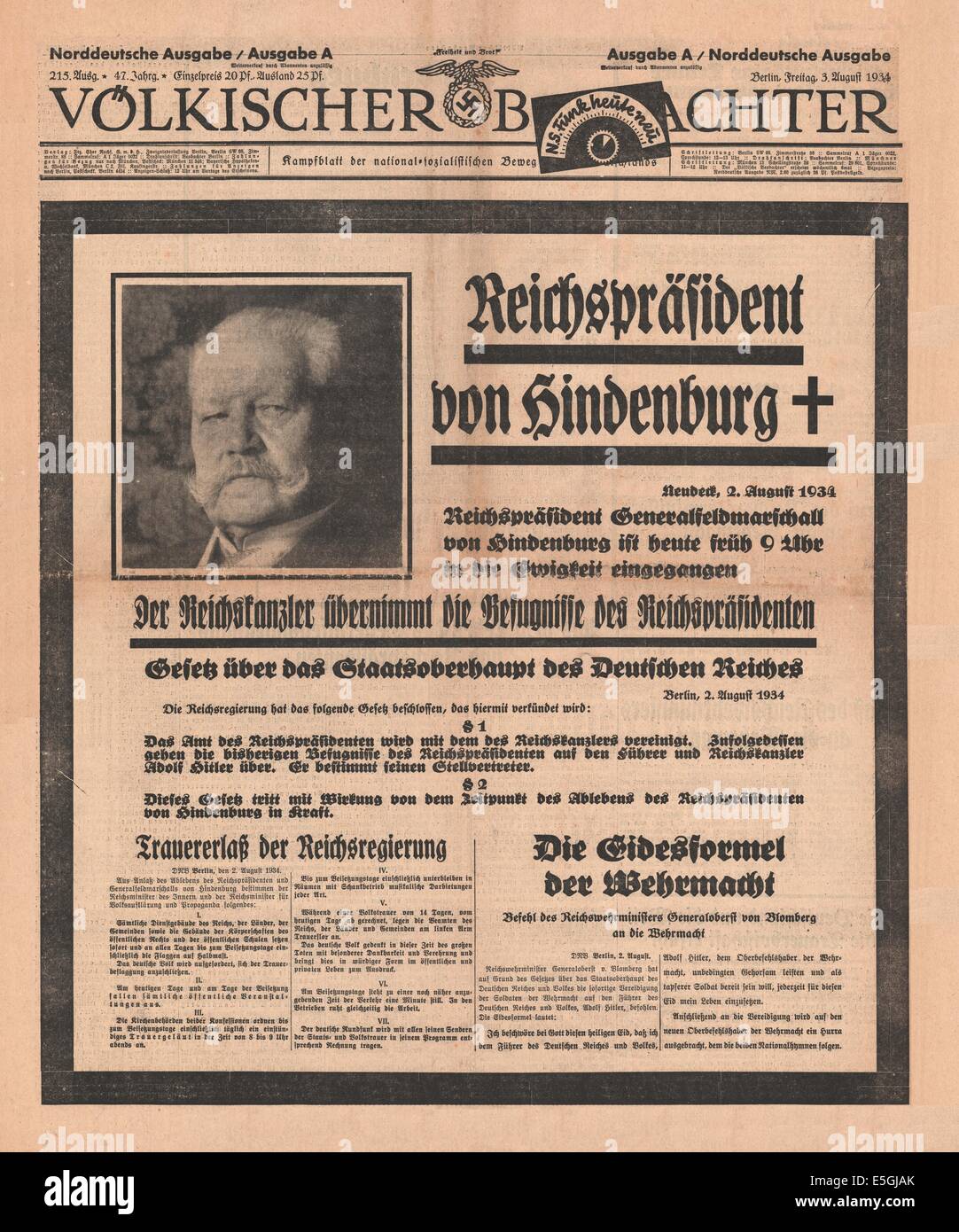 Deutscher Präsident Generald Fieldmarshall Paul von Hindenburg 1934 Völkischen Beobachter (Deutschland) Tod Stockfoto