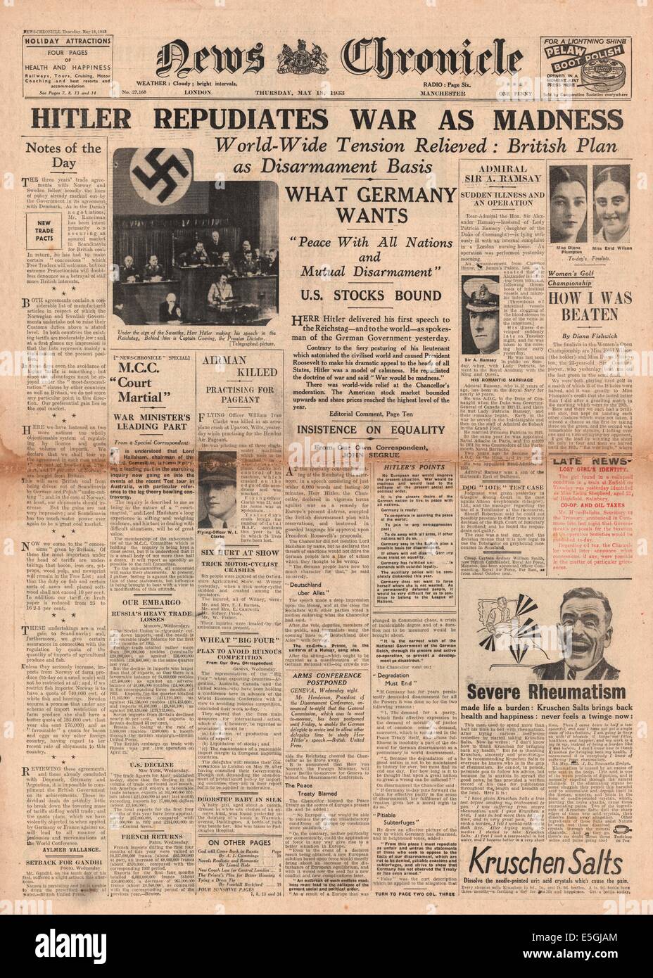 1933 News Chronicle Front Seite Berichterstattung Adolf Hitler "ersten Reichstag Rede als Kanzler zurück Krieg Stockfoto