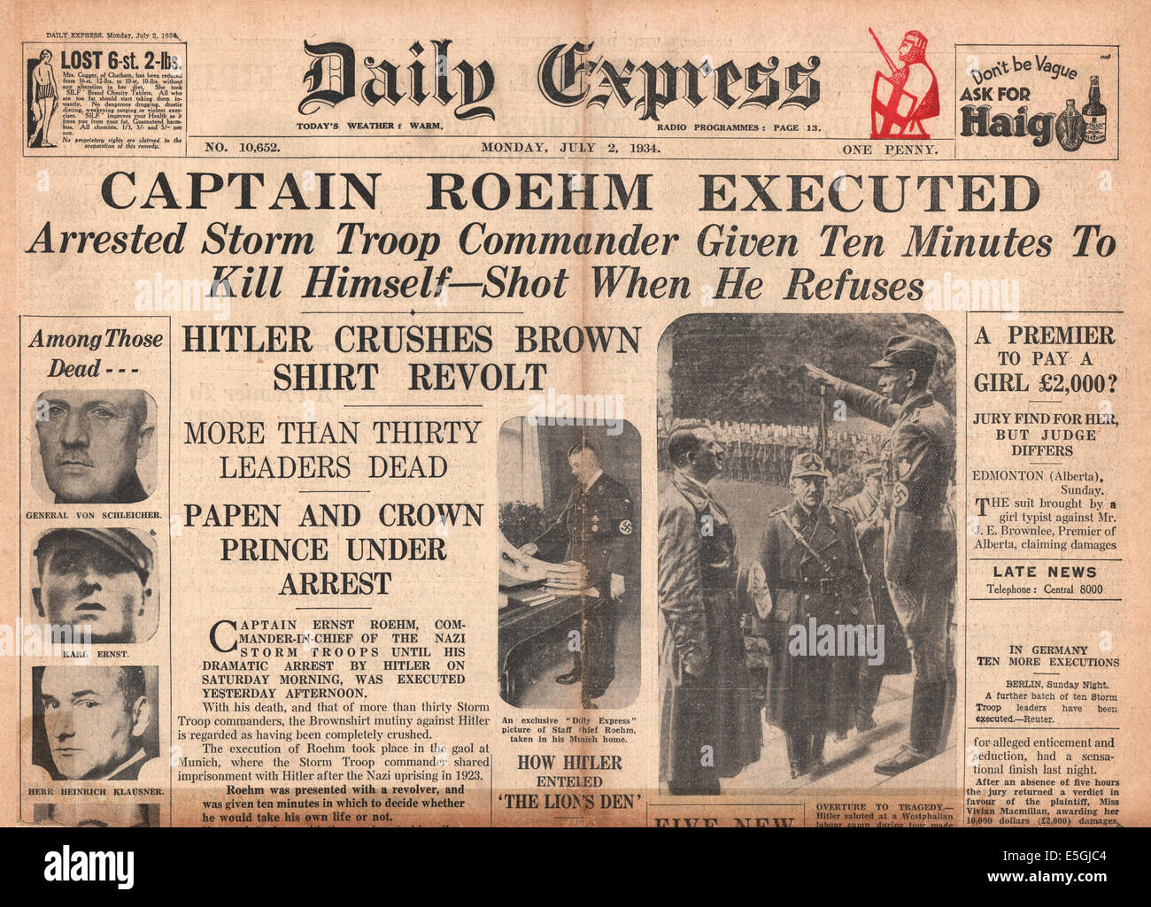 1938 daily Express Titelseite Berichterstattung S.A. Führer Ernst Röhm wird ausgeführt Stockfoto