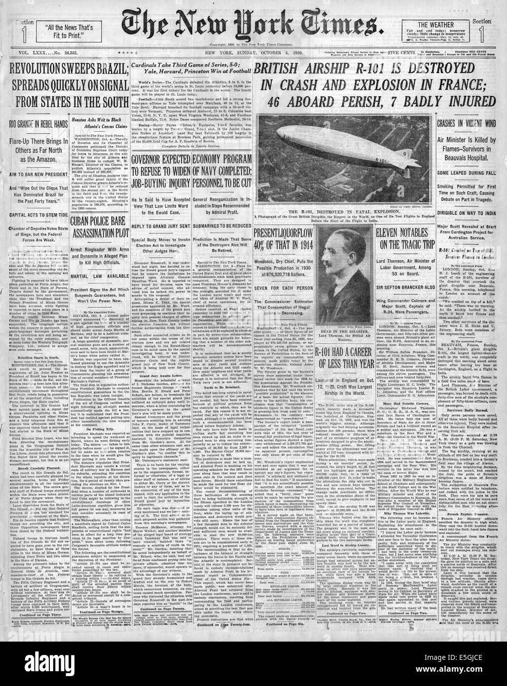 1930 New York Times (USA) Titelseite Berichterstattung R-101 Luftschiff Katastrophe Stockfoto