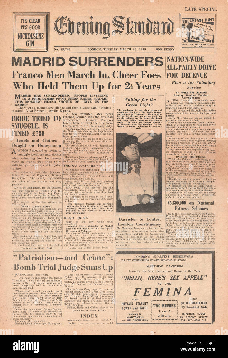 Berichterstattung von Madrid kapituliert General Franco markiert das Ende des spanischen Bürgerkriegs 1939 Evening Standard (London) Titelseite Stockfoto