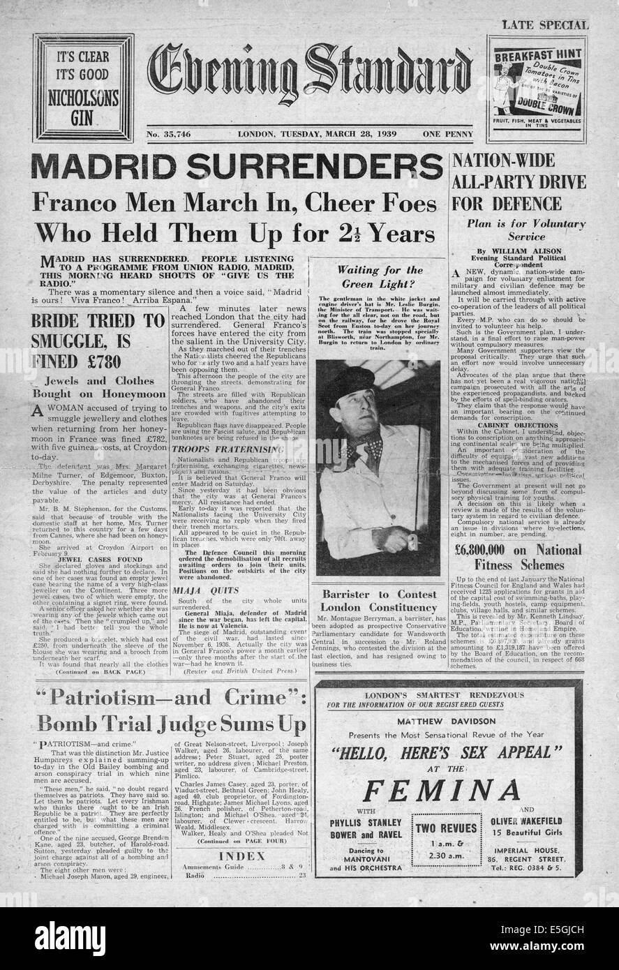 Berichterstattung von Madrid kapituliert General Franco markiert das Ende des spanischen Bürgerkriegs 1939 Evening Standard (London) Titelseite Stockfoto