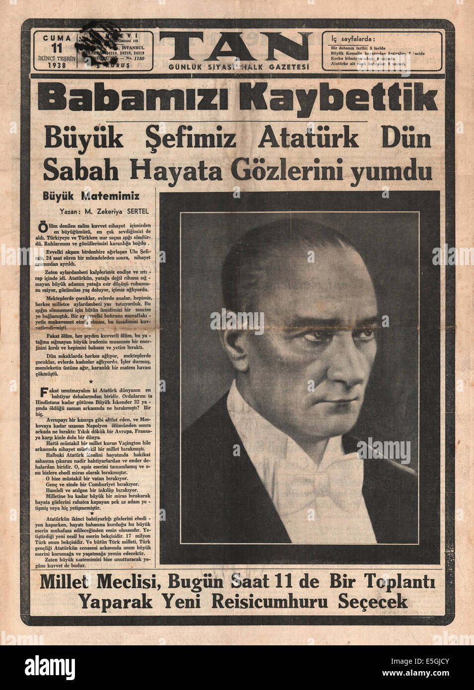 1938 TAN (Türkei) Front Seite Berichterstattung Tod des ersten Präsidenten Mustafa Kemal Atatürk, die Türkei Stockfoto
