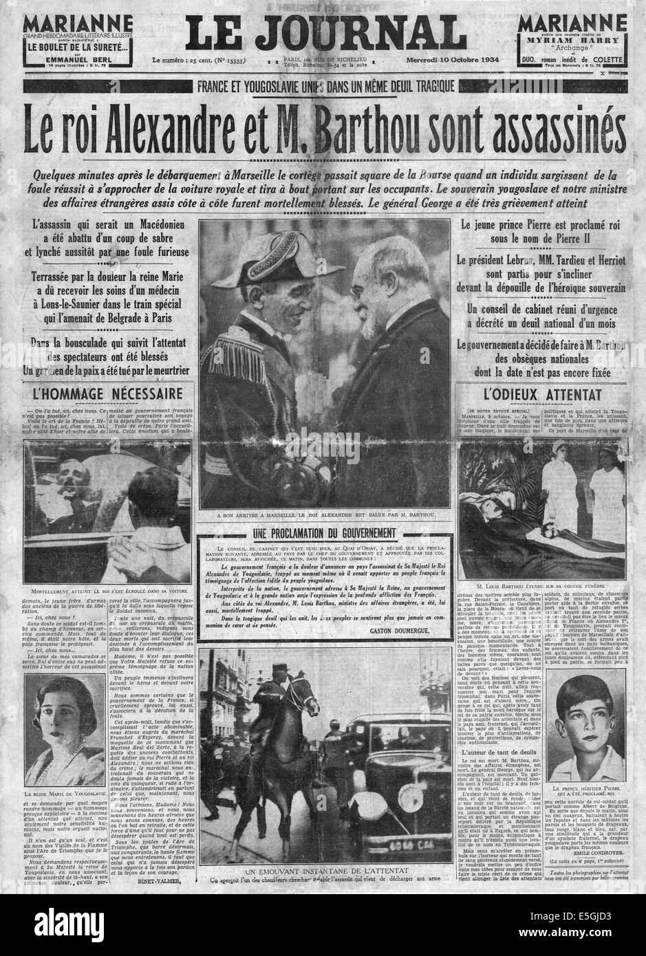 1934 le Journal (Frankreich) Titelseite Berichterstattung der Ermordung von König Alexander von Jugoslawien & Französisch ausländischen Minister Louis Barthou in Paris Stockfoto