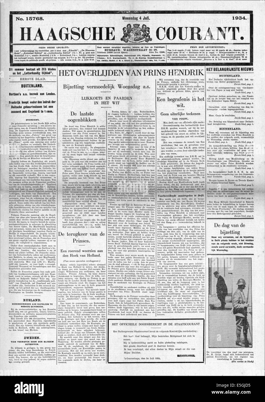 1934 Haagsche Courant (Holland) Tod von Prinz Hendrik der Niederlande Stockfoto