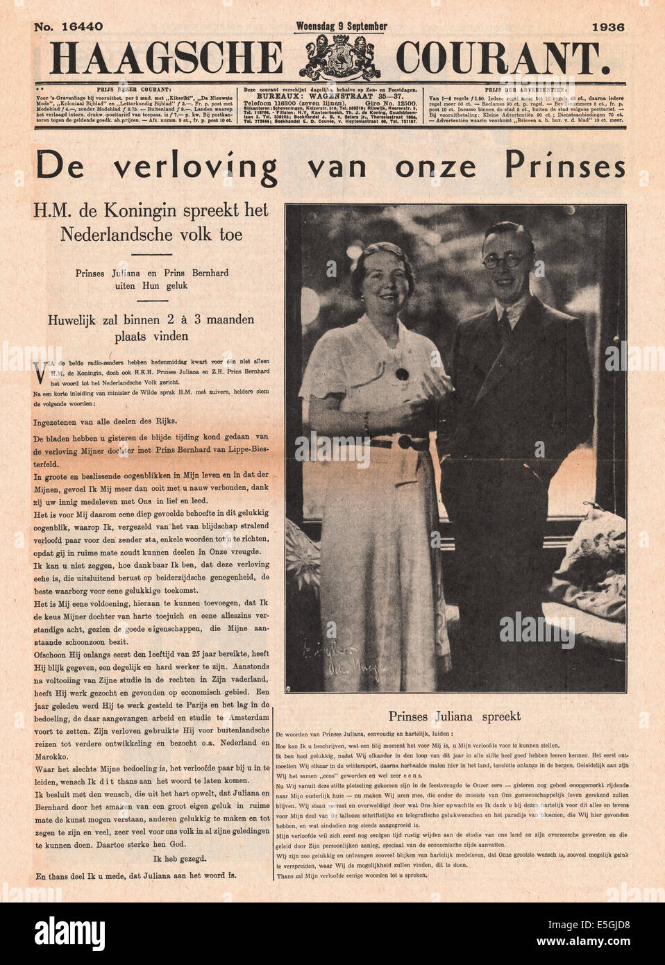 1936 Haagsche Courant (Holland) Titelseite Berichterstattung das Engagement von Prinzessin Juliana der Niederlande und Prinz Bernhard Stockfoto