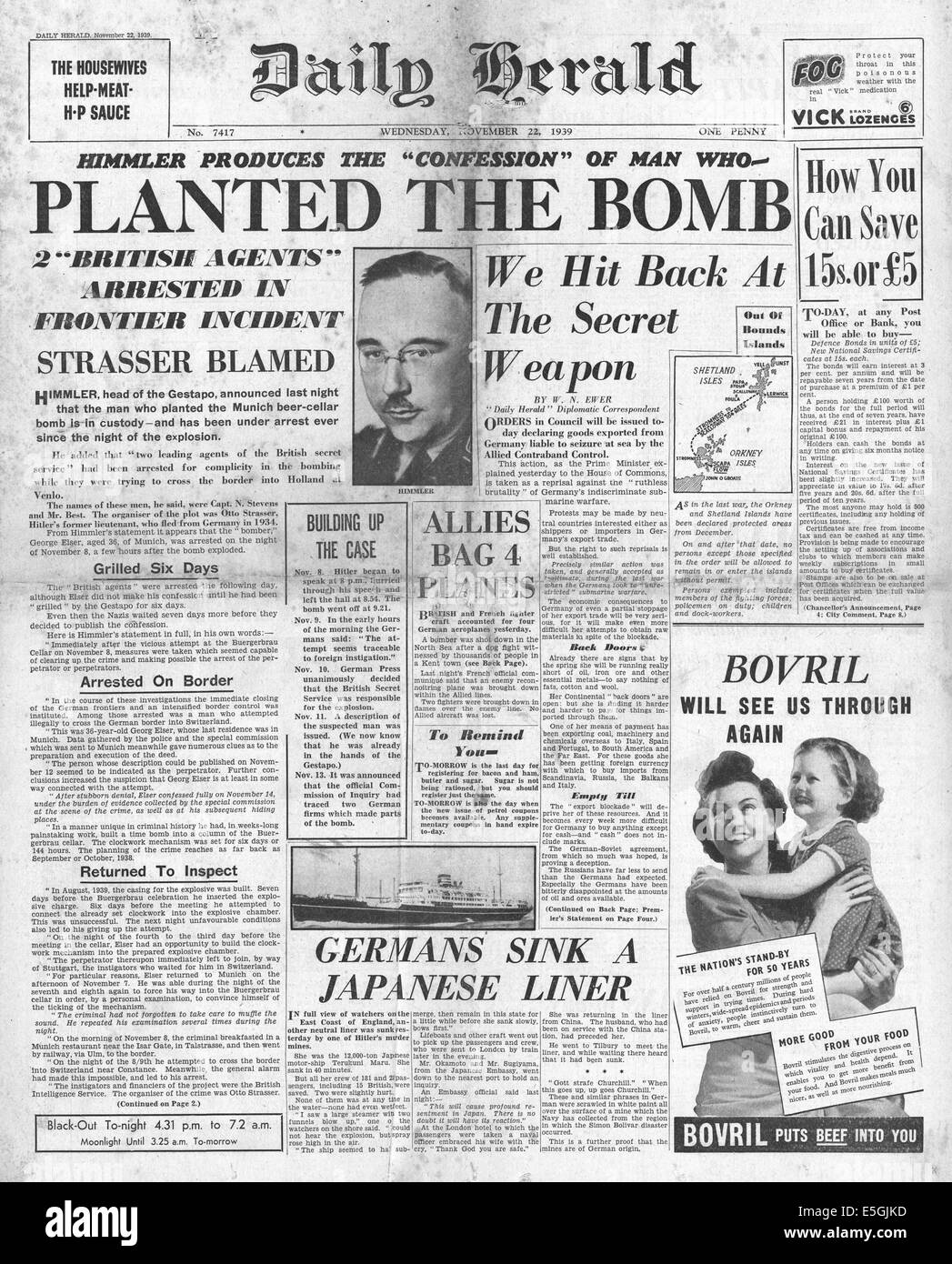 1939 daily Herald Titelseite Berichterstattung Otto Strasser beschuldigt, Organisation von Bomben-Anschlag auf Hitler zu töten Stockfoto